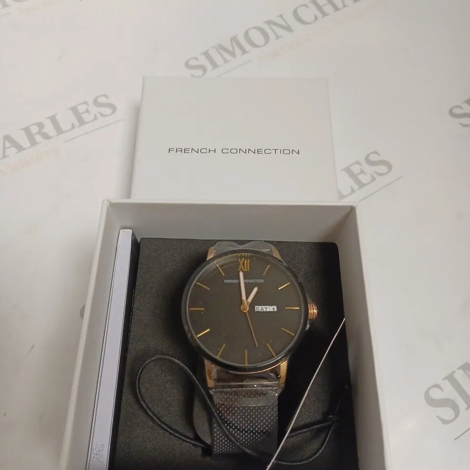 BOXED FRENCH CONNECTION LADIES BLACK DIAL WATCH - BLACK & ROSE GOLD