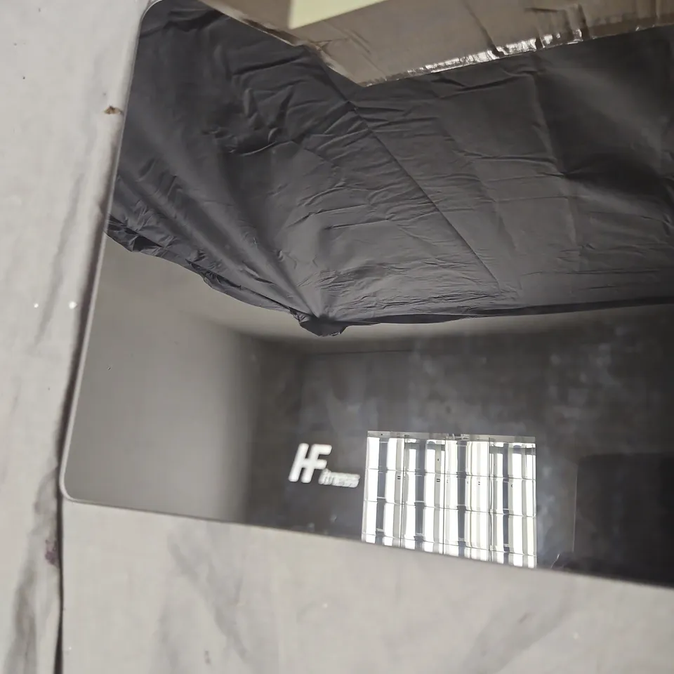 HF FITNESS BATHROOM SCALE – BLACK GLASS PLATFORM, DIGITAL DISPLAY SLIGHT DAMAGE TO WEIGHT PANEL .