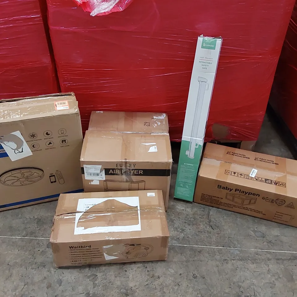PALLET OF ASSORTED ITEMS INCLUDING: CEILING FAN LIGHT, AIR FRYER, STEAM CLEANER, BABY PLAY PEN, RETRACTABLE SAFETY GATE 