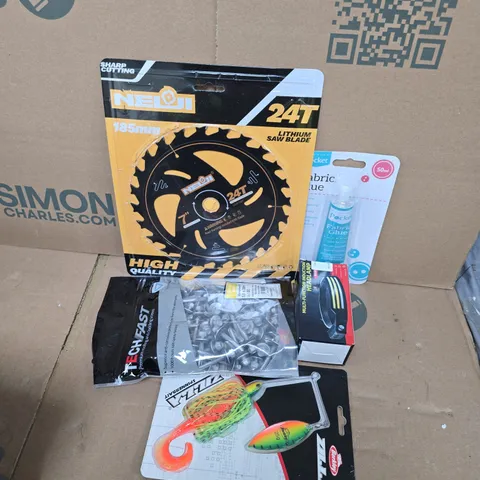 APPROXIMATELY 14 ASSORTED HOUSEHOLD ITEMS TO INCLUDE SAW BLADE, ZILLA SPINNERBAIT, TECHFAST ROOFING SCREWS, ETC