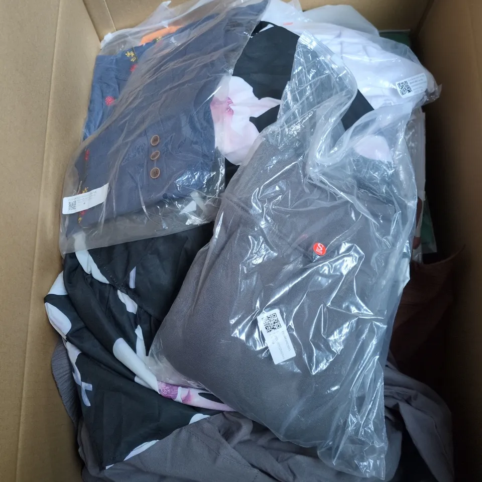 BOX OF APPROXIMATELY 15 ASSORTED CLOTHING ITEMS IN VARIOUS COLOURS, SHAPES AND SIZES