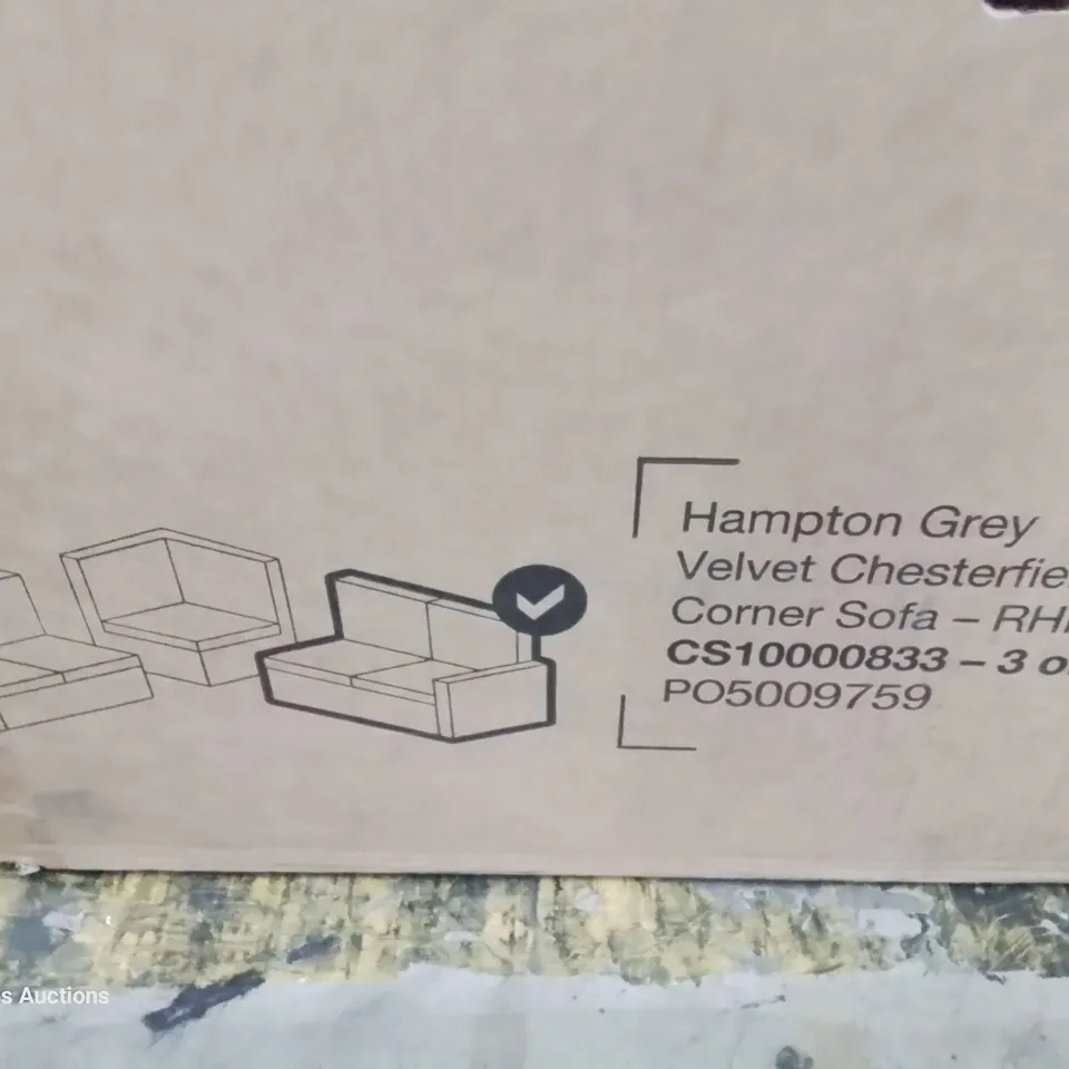 THREE BOXED SOFA SECTIONS, INCLUDING HAMPTON FABRIC CHESTERFIELD CORNER, KANSAS LIGHT GREY LEATHER LHF TWO SEATER, HWMPTON GREY VELVE5 CHESTERFIELD RHF TWO SEATER