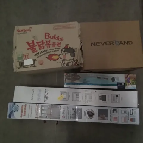 PALLET OF ASSORTED ITEMS INCLUDING BULDAK HOT CHICKEN FLAVOR RAMEN, MOMCOZY RETRACTABLE BABY GATE, RETRACTABLE SAFETY GATE, LAY-Z-SPA RECHARGEABLE UNDERWATER VACUUM, NEVERRAND CAR COVERS