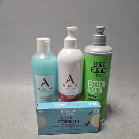 APPROXIMATELY 13 ASSORTED HEALTH & BEAUTY ITEMS TO INCLUDE - BED HEAD SHAMPOO , ALPHA BODY LOTION ,KIN KIND GIVE ME STRENGTH RICE PROTEIN SHAMPOO BAR & CONDITIONER B AR ETC