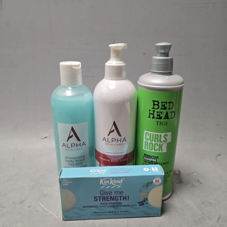 APPROXIMATELY 13 ASSORTED HEALTH & BEAUTY ITEMS TO INCLUDE - BED HEAD SHAMPOO , ALPHA BODY LOTION ,KIN KIND GIVE ME STRENGTH RICE PROTEIN SHAMPOO BAR & CONDITIONER B AR ETC