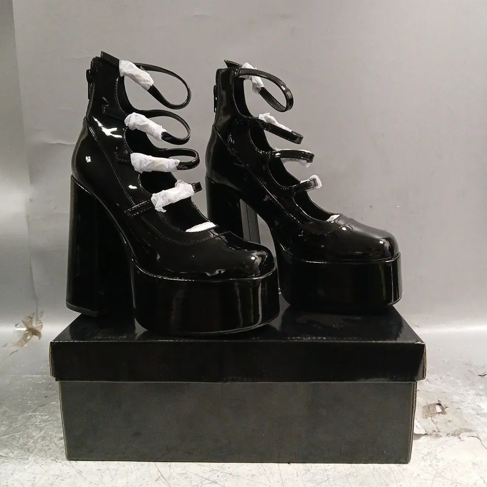 BOXED PAIR OF KOI GURREN STRAPPY BLACK PATANT PLATFORM HEELS - UK 3