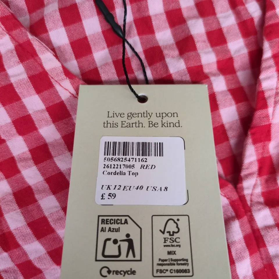 NOBODYS CHILD CORDELIA TOP – RED & WHITE GINGHAM, UK 12