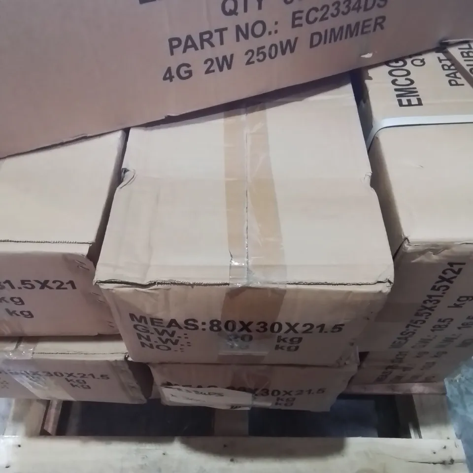 PALLET OF APPROXIMATELY 9 MULTI PACK BOXES OF EMCO TO INCLUDE- 4G 2W 250W DIMMER , 45 AMP DOUBLE POLE SWITCH - COLLECTION ONLY