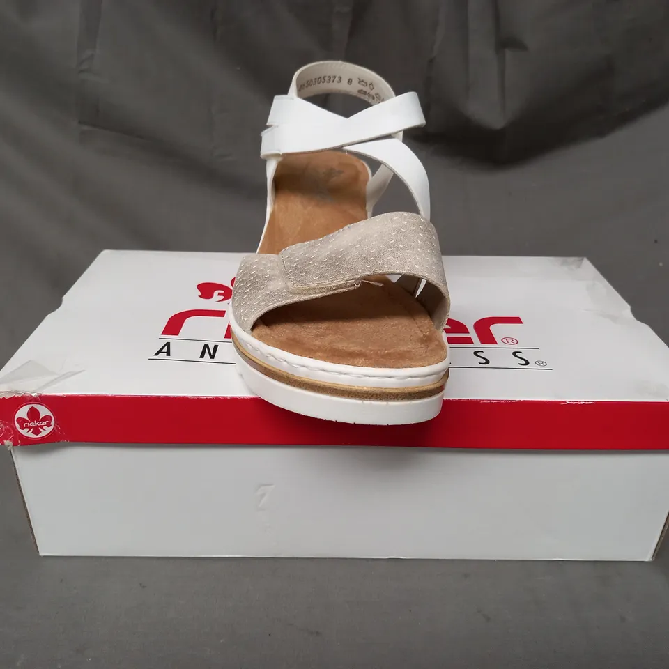 BOXED PAIR OF RIEKER STRAPPY SANDALS IN WHITE SIZE 6.5