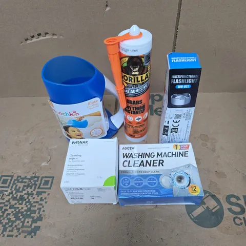 TOTE OF APPROXIMATELY 15 ASSORTED HOUSEHOLD ITEMS TO INCLUDE MUNCHKIN BATH RINSER, CLEANING WIPES, WASHING MACHINE CLEANER, GORILLA ADHESIVE, FLASH LIGHT ETC