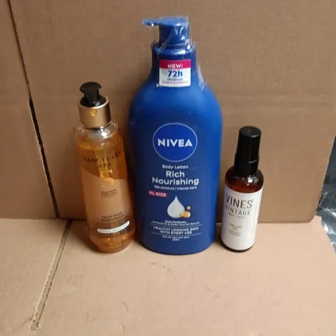APPROXIMATEY 15 ASSORTED HEALTH AND BEAUTY PRODUCTS TO INCLUDE NIVEA 72HR BODY MOISTURISING LOTION, SANCTUARY SPA HAND WASH, VINES BEARD OIL ETC 