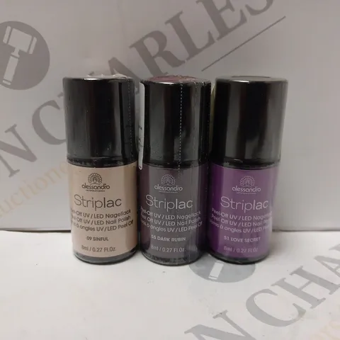 BOX OF APPROXIMATELY 75 X 8ML VIALS OF ALESSANDRO STRIPLAC NAIL POLISH IN SINFUL, DARK RUBIN, LOVE SECRET