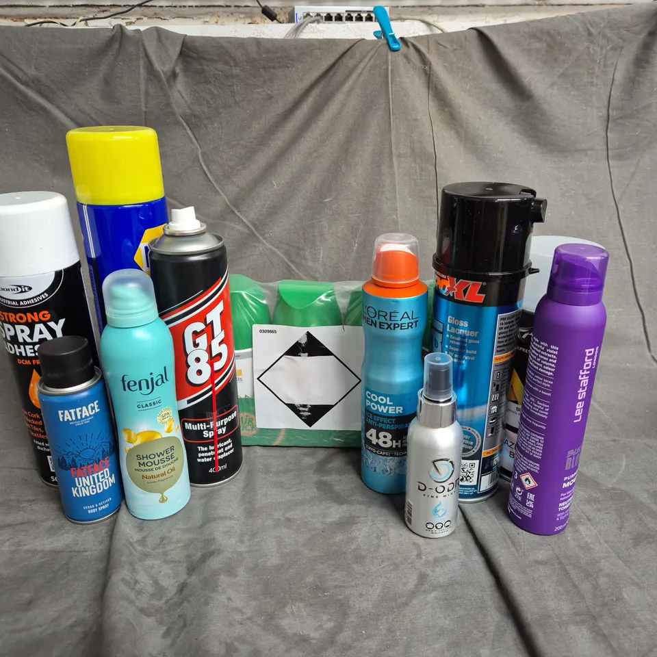 APPROXIMATELY 12 ASSORTED AEROSOLS TO INCLUDE - FATFACE BODY SPRAY - BOND IT ADHESIVE SPRAY - PRO CLEAR GLOSS LACQUER - ETC - COLLECTION ONLY