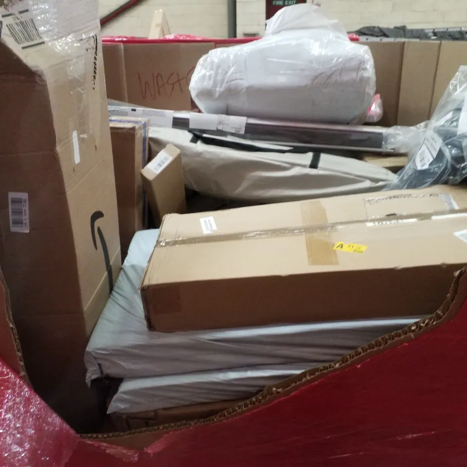 PALLET CONTAINING VARIOUS ASSORTED BOXED HOUSEHOLD ITEMS TO INCLUDE: GATORTAIL FOAM ROLLER, ROTISSERIE KIT, STORAGE RACK,BUG ZAPPER, ANTI FATIGUE BOARD, SLOW JUICER AND LOTS MORE UNMARKED BOXED ITEMS 