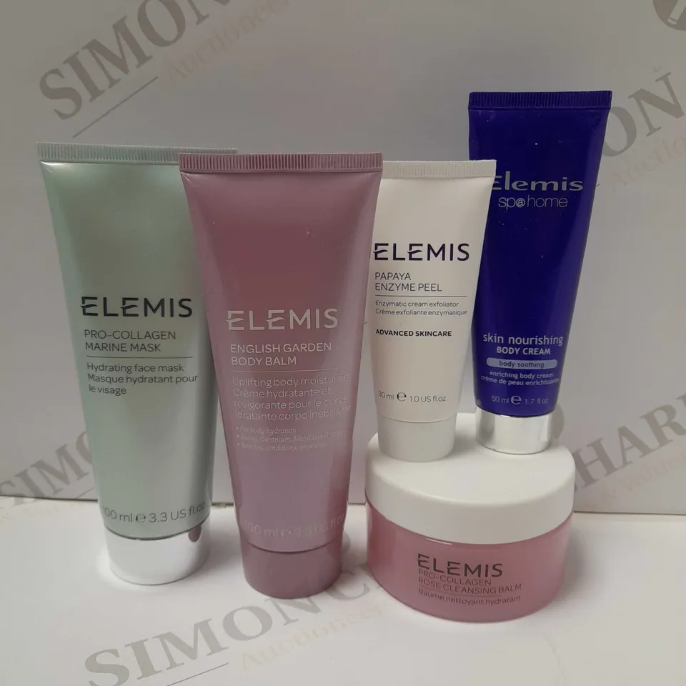 LOT OF 5 ASSORTED ELEMIS PRODUCTS TO INCLUDE PRO-COLLAGEN MARINE MASK, PAPAYA ENZYME PEEL, BODY CREAM, ETC 