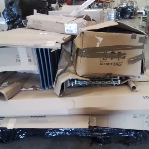 PALLET OF ASSORTED FLATPACKED PRODUCTS TO INCLUDE;FLAT BASE BARRIER POST,DINING CHAIR,SHELF UNIT