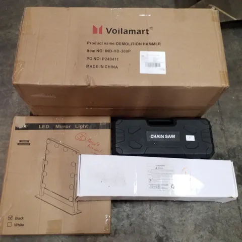 PALLET OF ASSORTED PRODUCTS INCLUDING LED MIRROR LIGHT, DEMOLITION HAMMER, CHAIN SAW, SHOWER MIXER 