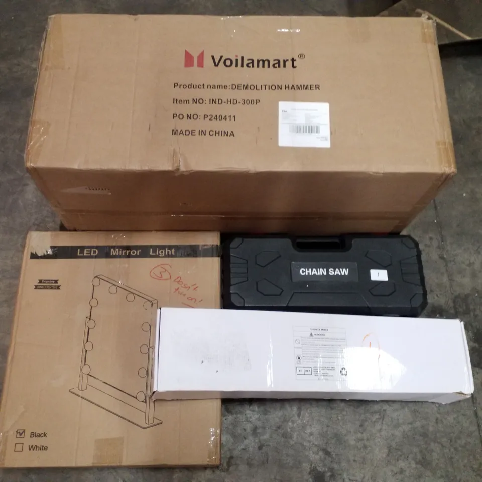 PALLET OF ASSORTED PRODUCTS INCLUDING LED MIRROR LIGHT, DEMOLITION HAMMER, CHAIN SAW, SHOWER MIXER 