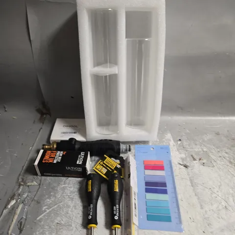 APPROXIMATELY 10 ASSORTED HOUSEHOLD ITEMS TO INCLUDE SCREWDRIVERS, RULERS AND VASES