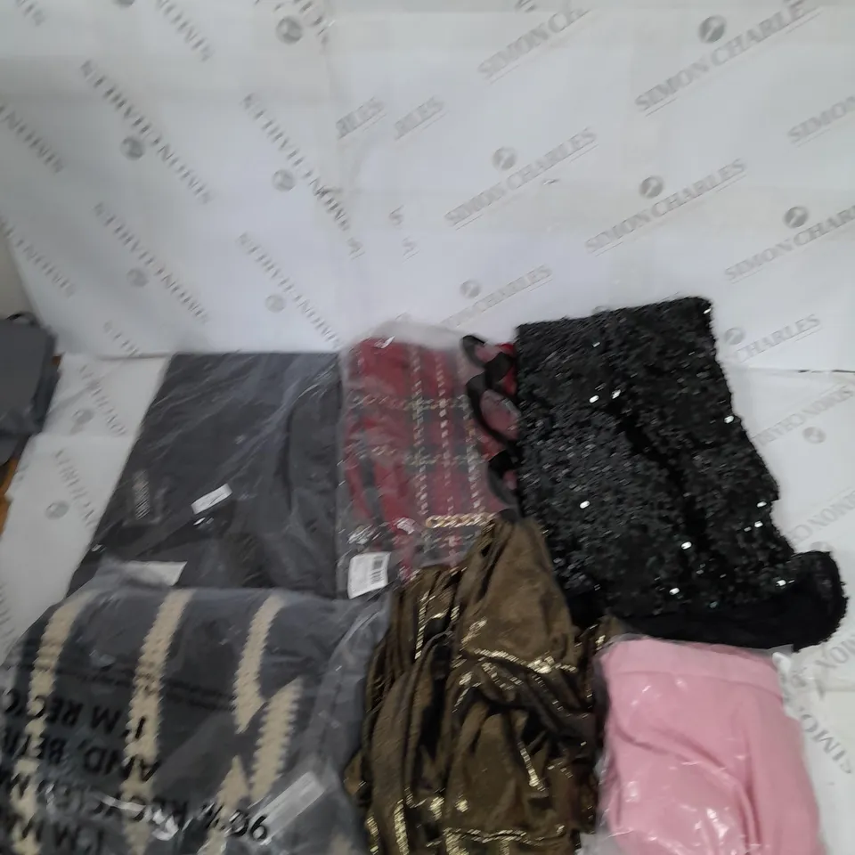 LARGE BOX OF ASSORTED CLOTHING ITEMS IN VARIOUS COLOURS AND SIZES INCLUDING TROUSERS , TOPS AND JUMPERS 