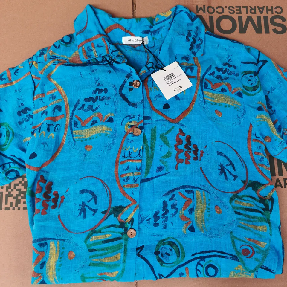 KIT AND KABOODAL NAIDA PRINT BUTTON TUNIC IN KINGFISHER BLUE SIZE 8-18
