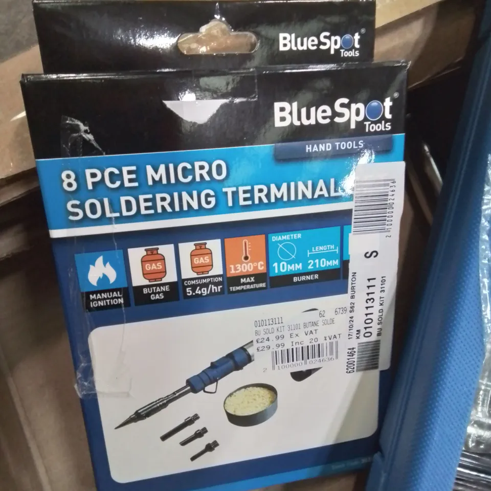 BOX CONTAINING MIXED TOOLS TO INCLUDE: BOXED BLUESPOT LONG ARM RIVET AND NUT RIVETER (M4-M10) SET,  16PC DEEP IMPACT SOCKET SET, 8 PC MICRO SOLDERING TERMINAL.