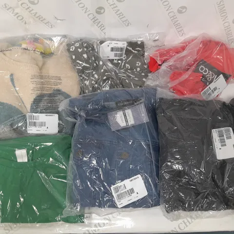 LARGE BOX OF ASSORTED CLOTHING ITEMS TOO INCLUDE TOPS , TROUSERS AND JUMPERS COMING IN DIFFERENT COLOURS AND SIZES