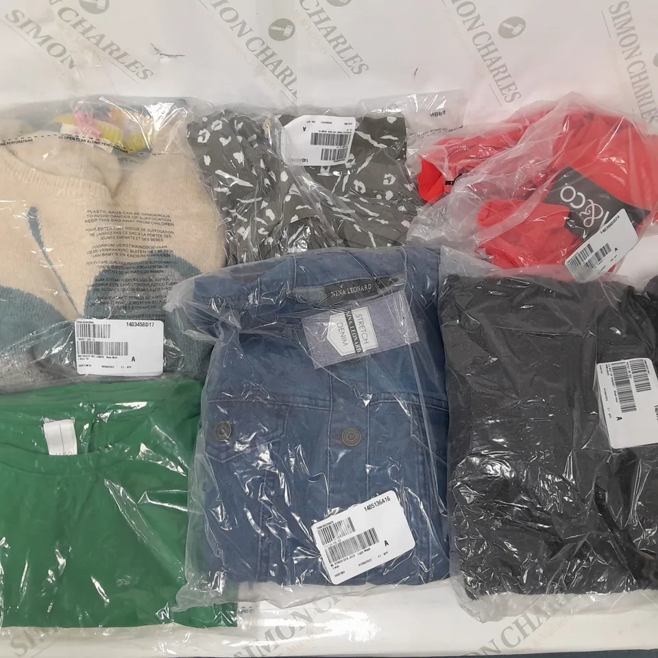 LARGE BOX OF ASSORTED CLOTHING ITEMS TOO INCLUDE TOPS , TROUSERS AND JUMPERS COMING IN DIFFERENT COLOURS AND SIZES 