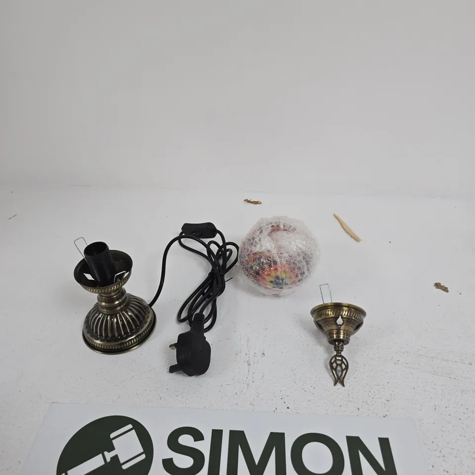 BRASS LAMP BASE WITH CORD AND FINIAL – DECORATIVE LIGHTING FITTINGS - BOX OF APPROXIMATELY 30