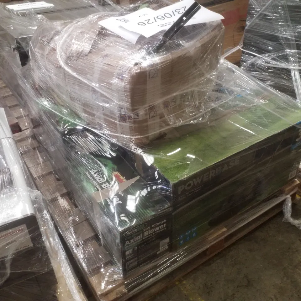 PALLET CONTAINING ASSORTED GARDEN EQUIPMENT INCLUDING ELECTRIC ROTARY LAWN MOWER, AXIAL BLOWER & 37CM 40V CORDLESS LAWN MOWER