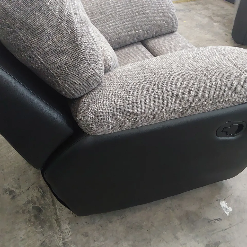 DESIGNER MANUAL RECLINING EASY CHAIR BLACK FAUX LEATHER & GREY FABRIC 