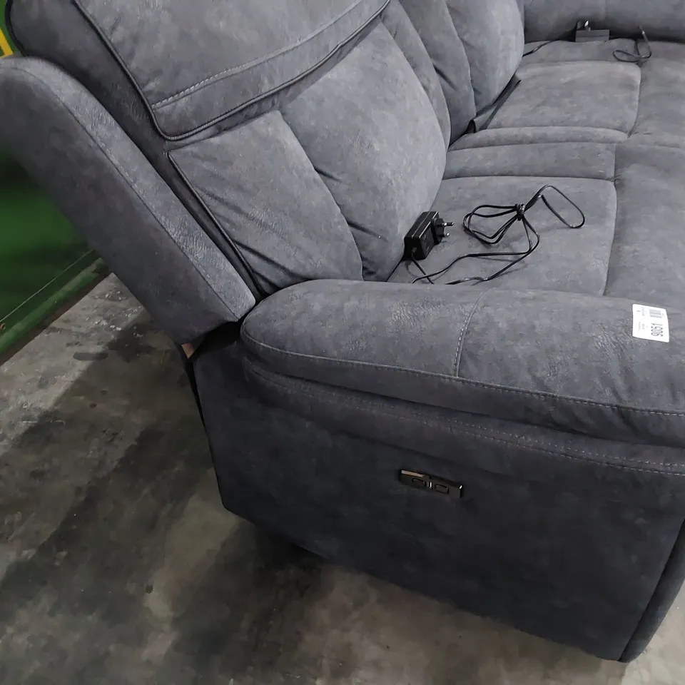 DESIGNER POWER RECLINING THREE SEATER SOFA GREY MACAU FABRIC WITH BLACK PIPING 