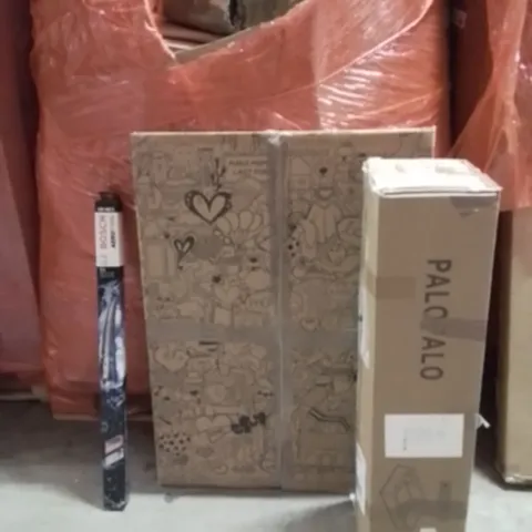PALLET OF ASSORTED HOUSEHOLD GOODS AND PRODUCTS TO INCLUDE;FAMILY COLORING BOOK,PLAYPEN,BOSCH WINDSCREEN WIPERS