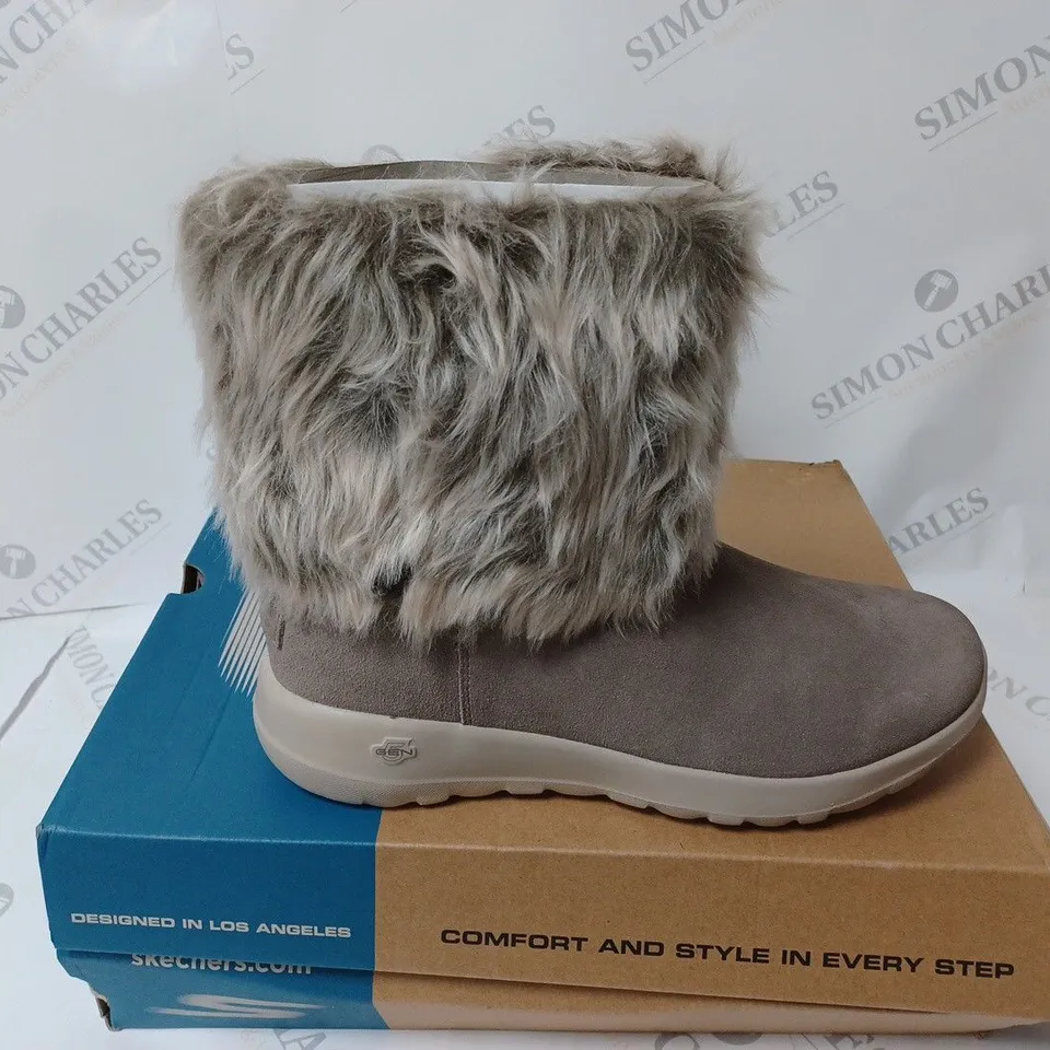 BOXED PAIR OF SKECHERS ON THE GO JOY MID SUEDE BOOTS, TAUPE - SIZE 5.5