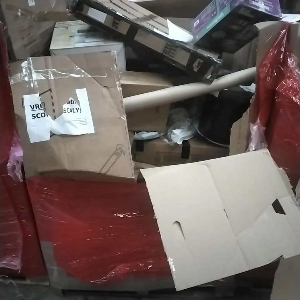 PALLET OF ASSORTED HOUSEHOLD GOODS AND PRODUCTS TO INCLUDE; STEAM MOP, EXTRA TALL GATE, COFFEE MAKER, BOXED FURNITURE ETC
