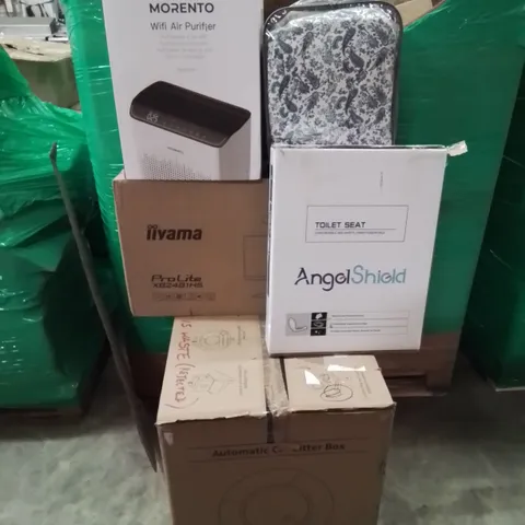 PALLET CONTAINING VARIOUS BOXED HOUSEHOLD ITEMS TO INCLUDE: WEIGHTED BLANKET, TOILET SEAT,  AUTOMATIC CAT LITTER BOX, WIFI AIR PURIFIER AND LOTS MORE UNMARKED BOXED ITEMS.