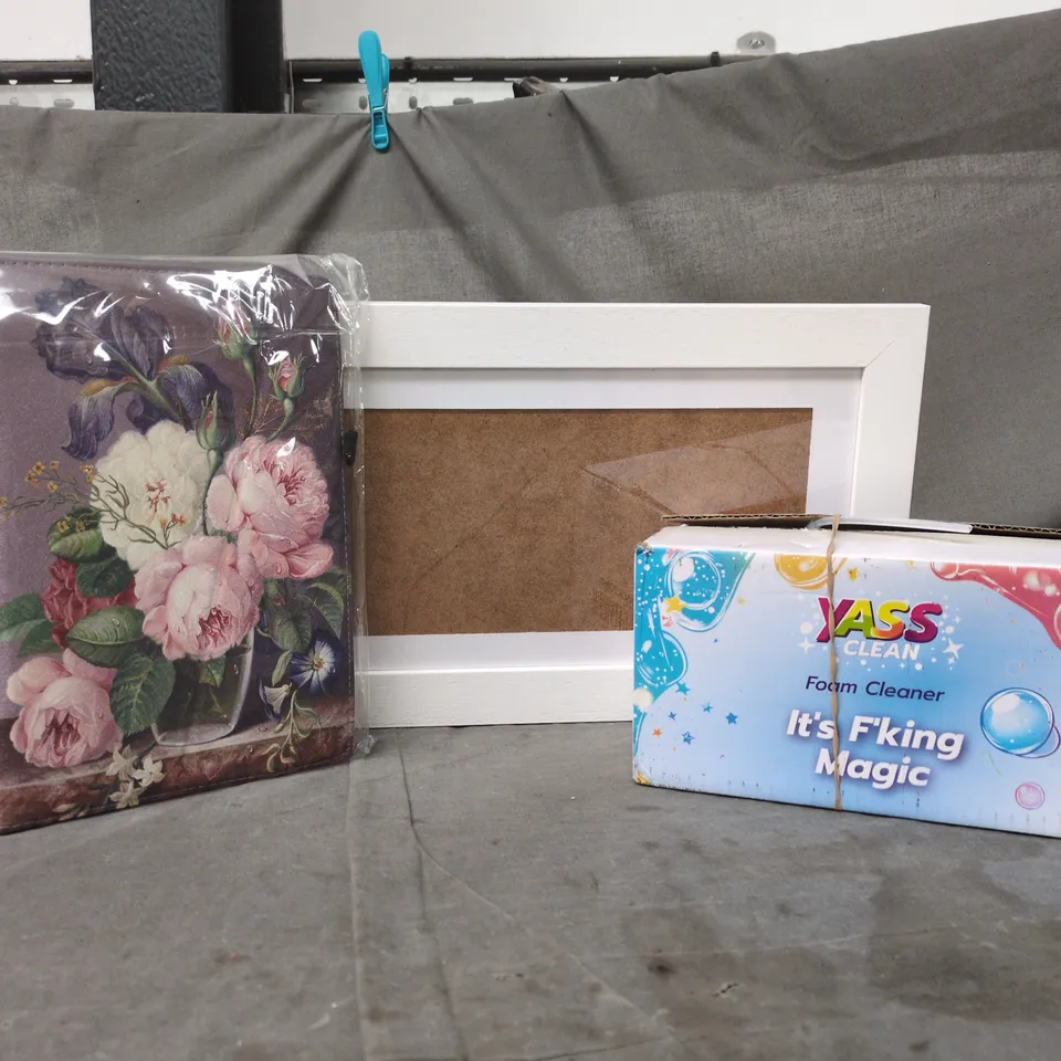 BOX OF APPROXIMATELY 20 ASSORTED HOUSEHOLD ITEMS TO INCLUDE YASS CLEAN FOAM CLEANER, FLORAL IPAD CASE, ETC - COLLECTION ONLY
