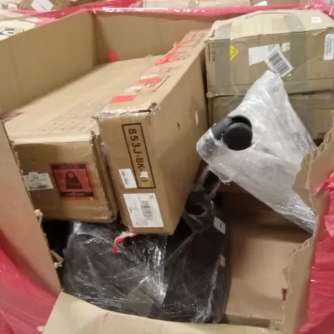 PALLET OF ASSORTED HOUSEHOLD GOODS AND PRODUCTS TO INCLUDE; OFFICE CHAIR, BED FRAME, BOXED FLAT PACK FURNITURE ETC
