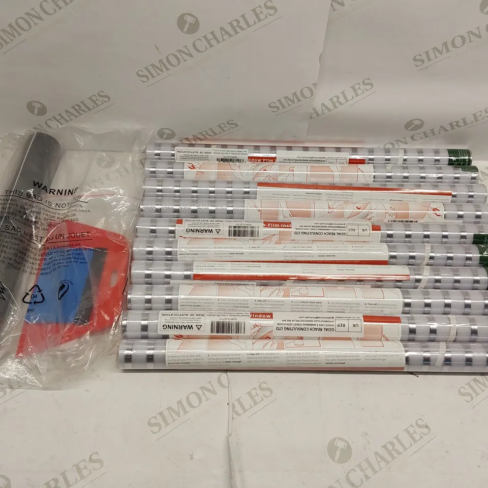 BOX OF APPROXIMATELY 10X BRAND  NEW BEAUTYSAID STRIPE WINDOW FILM (44 X 200CM) AND 1X CARBON FIBRE WARP WITH SQUEEGEES