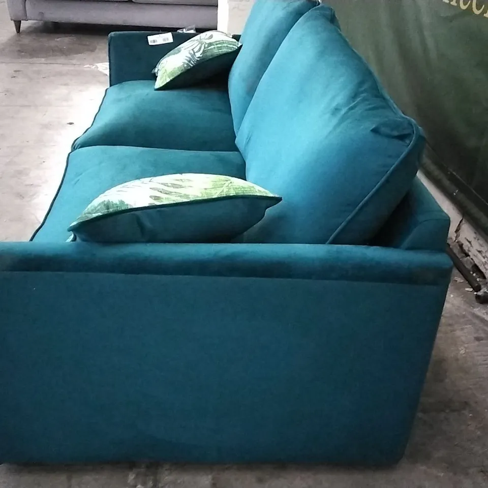 QUALITY BRITISH DESIGNER PASHA 3 SEATER HIGH BACK SOFA - GREEN PLUSH FABRIC
