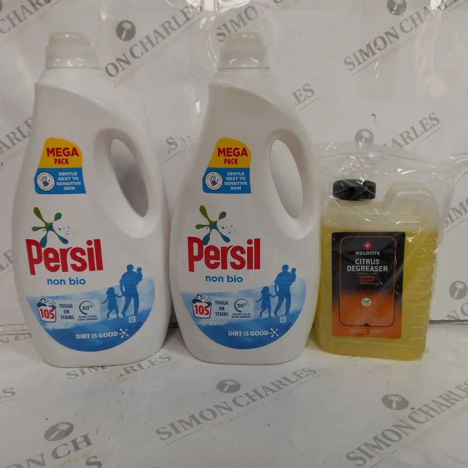 BOX OF APPROX 3 ASSORTED LIQUIDS TO INCLUDE - PERSIL NON BIO WASHES 105 - CITUS DEGREASER 