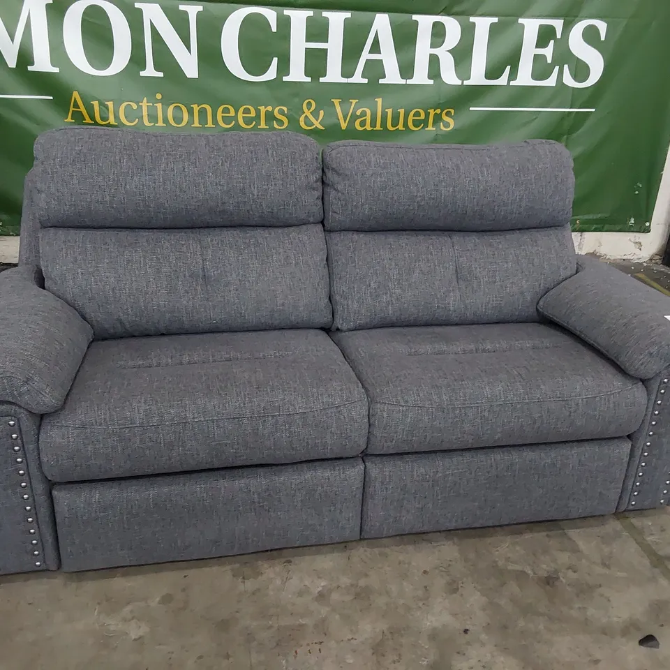QUALITY BRITISH DESIGNER G PLAN THREE SEATER SOFA GREY FABRIC WITH STUDDED DETAIL