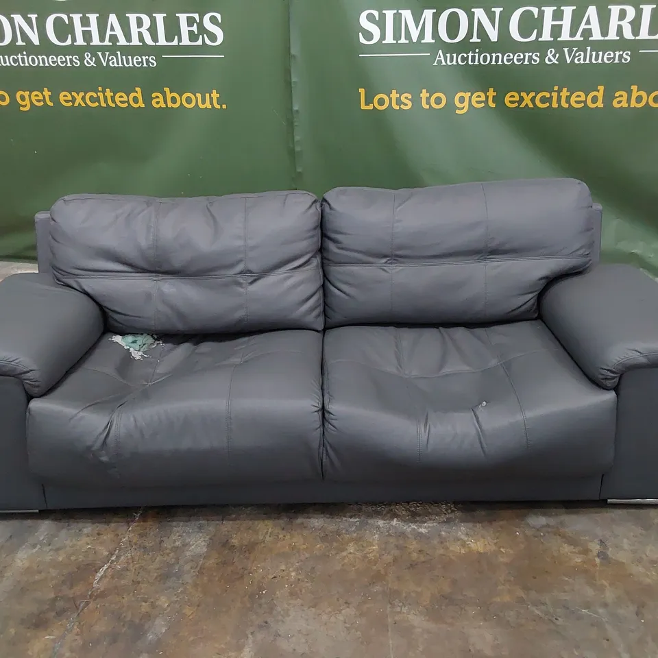 DESIGNER THREE SEATER SOFA GREY LEATHER 