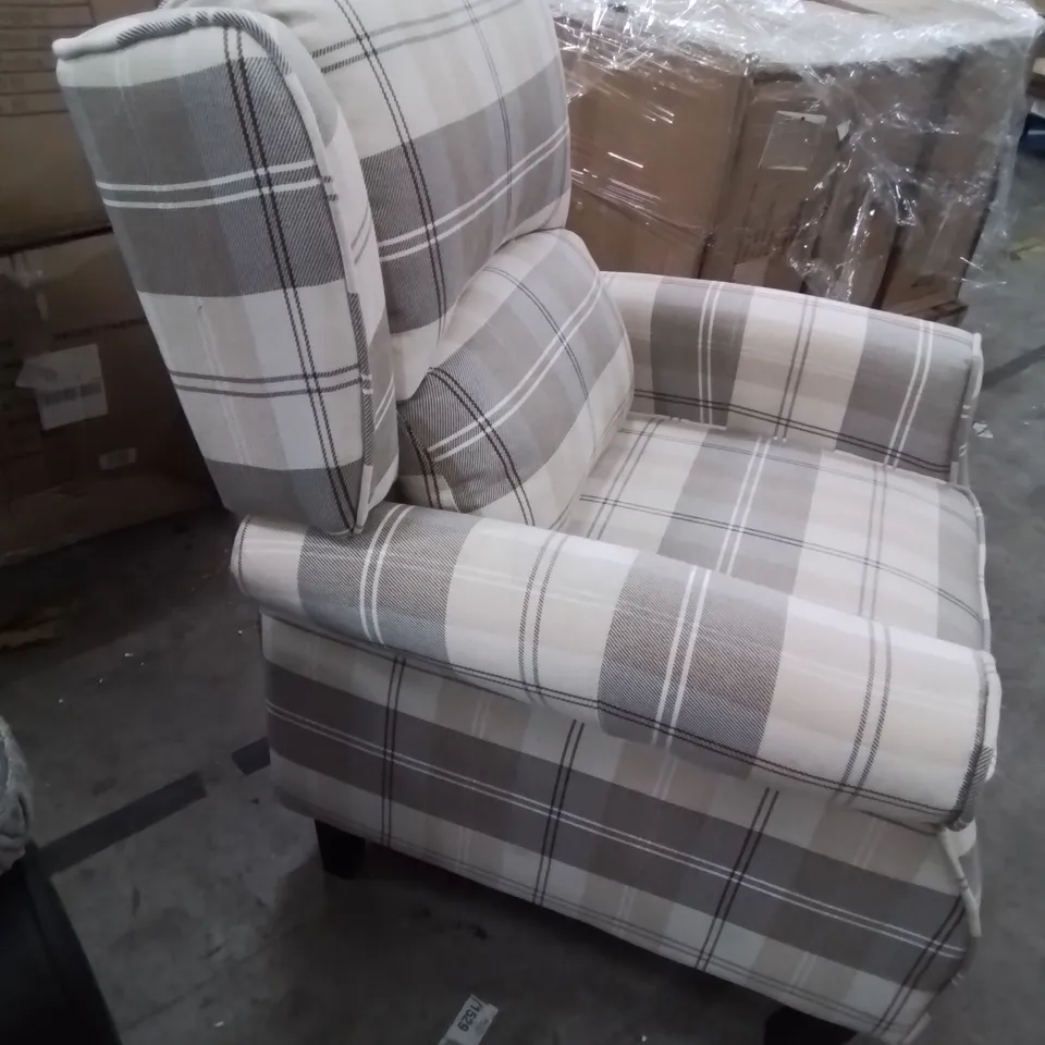 DESIGNER EATON PUSH BACK RECLINING EASY CHAIR GREY TARTAN FABRIC 
