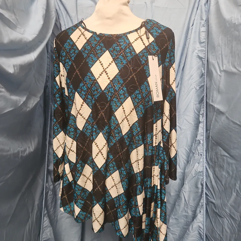 ROMAN WOMEN'S JACQUARD PRINT TUNIC TOP – BLUE/BLACK WITH WHITE DIAMOND PATTERN, UK 14
