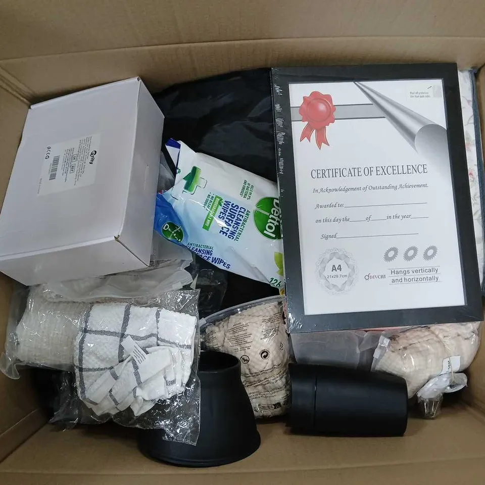 APPROXIMATELY 20 ASSORTED HOUSEHOLD ITEMS TO INCLUDE WALKING STICK, DETTOL SURFACE WIPES, CERTIFICTE OF EXCELLENCE, ETC