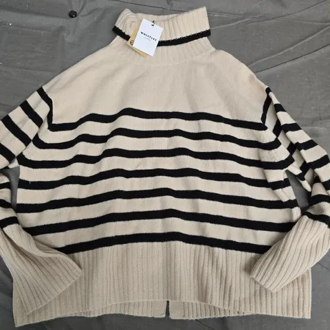WHISTLES PETITE STRIPE WOOL ROLL-NECK JUMPER, BEIGE WITH BLACK STRIPES - UK SMALL