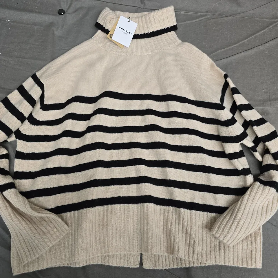 WHISTLES PETITE STRIPE WOOL ROLL-NECK JUMPER, BEIGE WITH BLACK STRIPES - UK SMALL