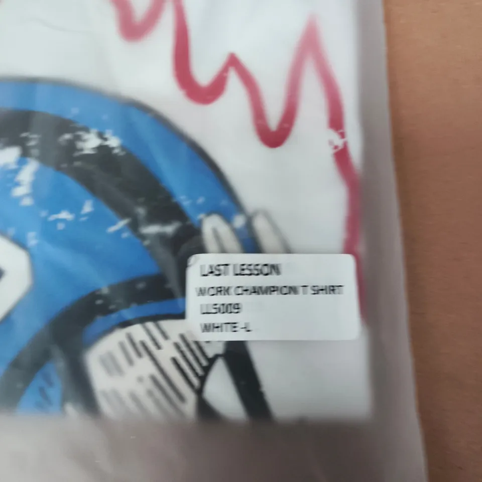 LAST LESSON WORK CHAMPION T-SHIRT – WHITE – UK L