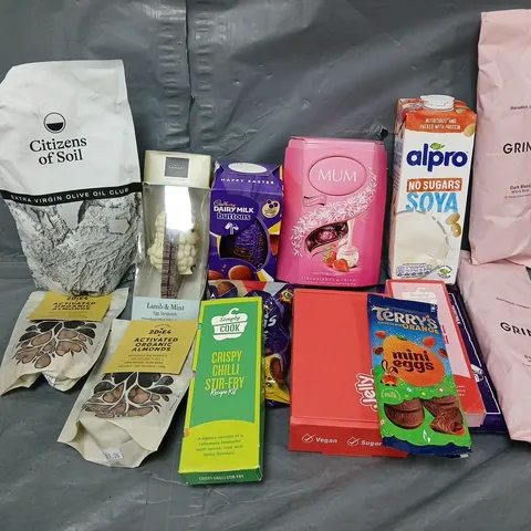 APPROXIMATELY 14 ASSORTED FOOD & DRINK ITEMS TO INCLUDE EXTRA VIRGIN OLIVE OIL, DAIRY MILK BUTTONS EGG, ALPRO SOYA DRINK, ETC